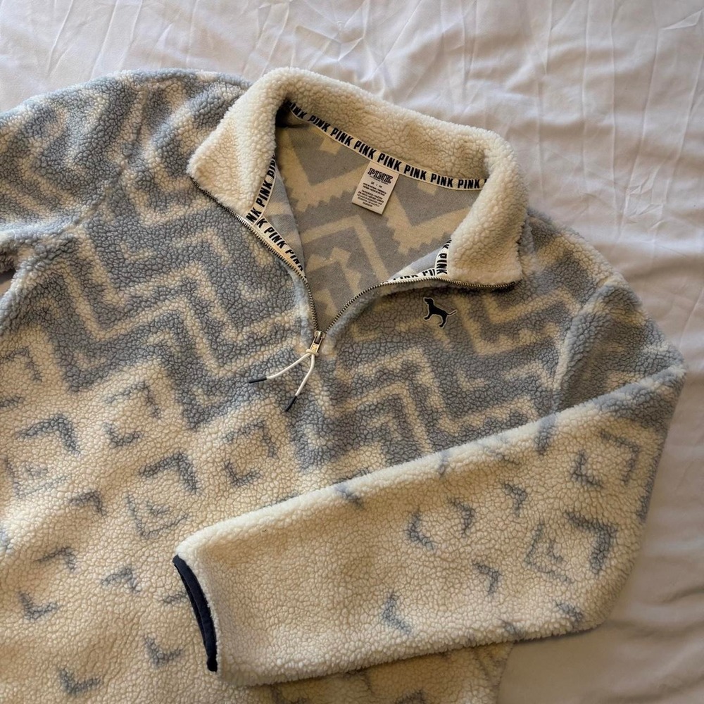 Victoria's Secret PINK Sherpa Quarter Zip Pullover Gray Dog Logo Print M